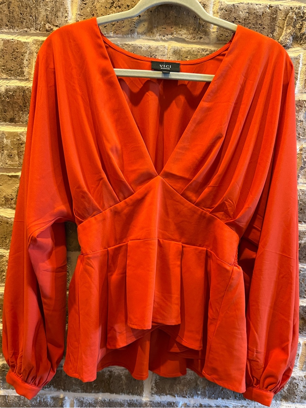VICI Burnt Orange Smocked Waist Blouse | Long Sleeve V-Neck Top | Women’s Medium